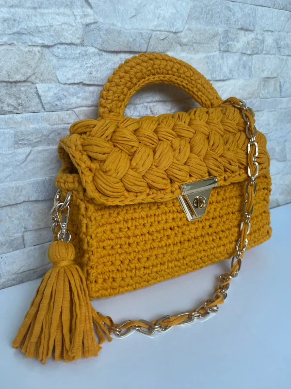 Hand Woven Mustard Color Crochet Bag, Handmade Capri Luxury Shoulder Bag