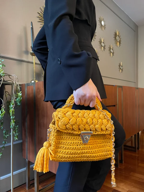 Hand Woven Mustard Color Crochet Bag, Handmade Capri Luxury Shoulder Bag