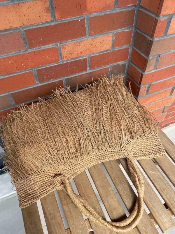 Crochet Raffia Tote Bag | Straw Fringed Beach Woven Shoulder Bag
