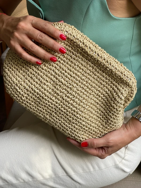 Crochet Raffia Clutch Bag, Natural Boho Cloud Bag, Woven Dumpling Bag